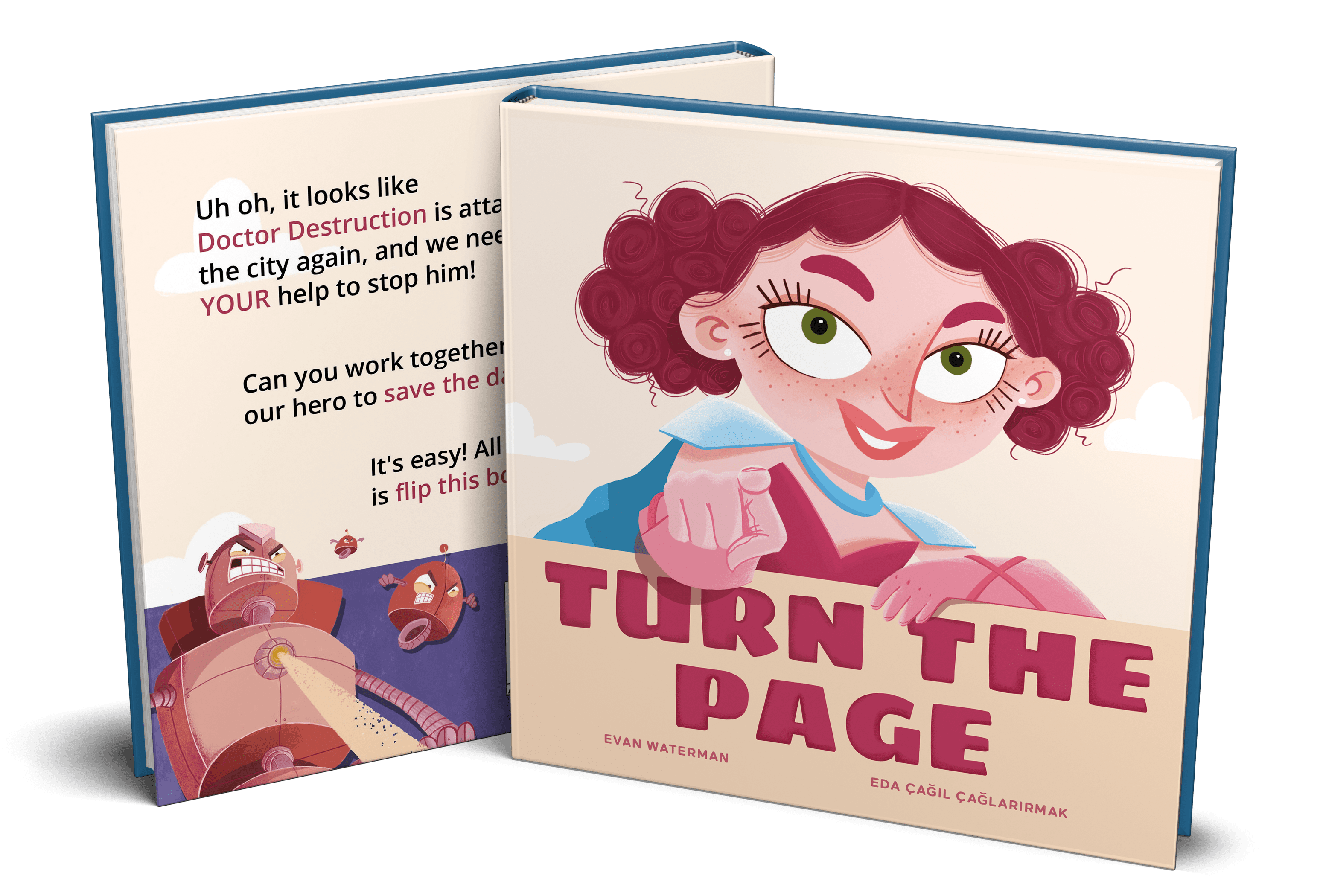 Turn the Page cover mockup. Scarletta is smiling and pointing at the reader.